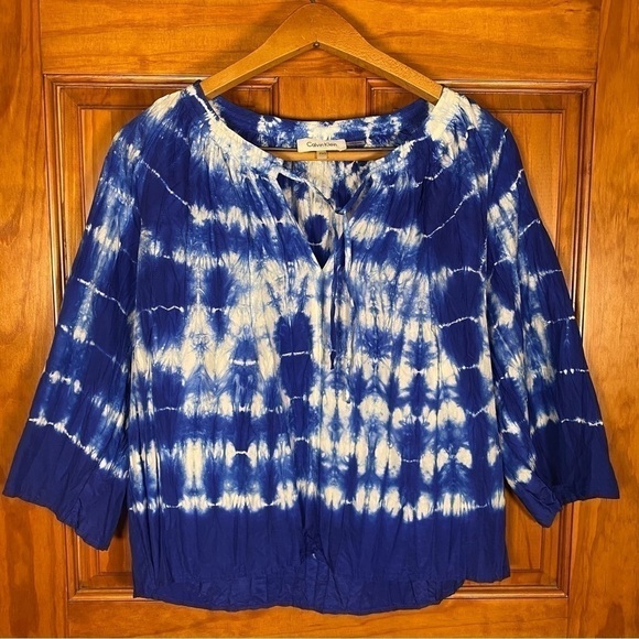 PXS Calvin Klein 100% SILK Blue&White Tie-Dye Blouse Top - Picture 1 of 5